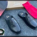 Black CL Logo Leather Mule Slides