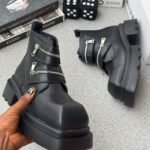 Black Chunky Platform Ankle Boots with Zipper Straps