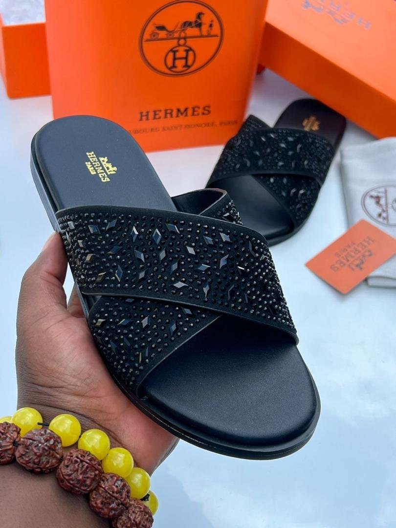 Black-Crystal-Embellished-Mens-Slippers.jpg Black Crystal-Embellished Men’s Slippers - Image 1