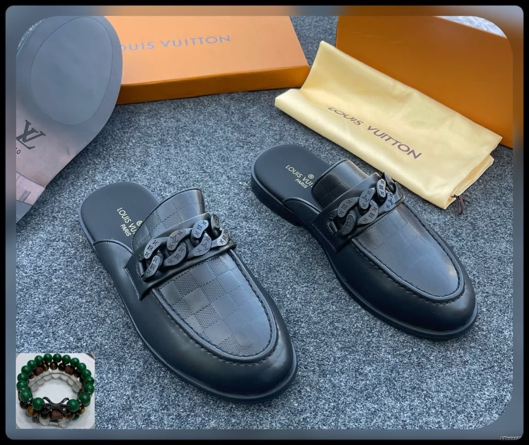 Black-Leather-Damier-Embossed-Mule-Half-Shoes.jpg Black Leather Damier Embossed Mule Half Shoes - Image 1