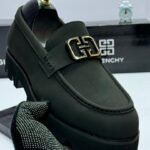 Black Leather Loafers with Gold Branded Buckle