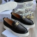 Black Leather Loafers with Gold Logo Buckle