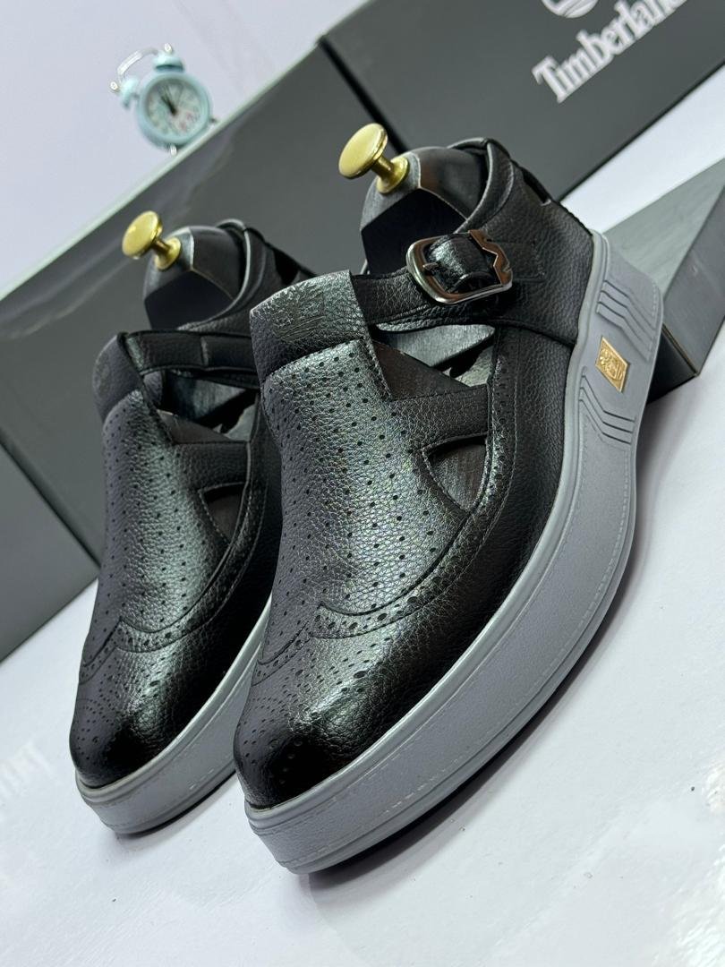 Black-Leather-Sandals-with-Buckle-Strap.jpg Black Leather Sandals with Buckle Strap - Image 1