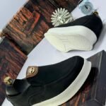 Black Leather Slip-On Casual Shoes with Gold Logo Detail