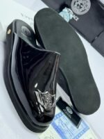 Black Patent Leather Mules with Gold Medusa Emblem - Image 2