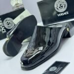 Black Patent Leather Mules with Silver Medusa Plaque
