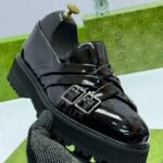 Black Patent Leather Platform Loafers with Dual Cross Buckles