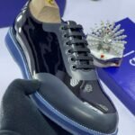 Black Patent Leather Shoes with Blue Sole