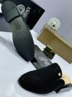 Black Studded Half Shoes with Gold Medusa Emblem - Image 2