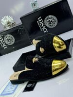 Black Studded Half Shoes with Gold Toe Cap - Image 2