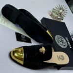 Black Studded Half Shoes with Gold Toe Cap