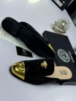 Black Studded Half Shoes with Gold Toe Cap
