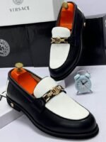 Black & White Leather Loafers with Gold Metal Bit