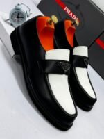 Black & White Leather Loafers with Metal Logo Plaque
