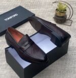 Black Woven Leather Penny Loafers - Image 2