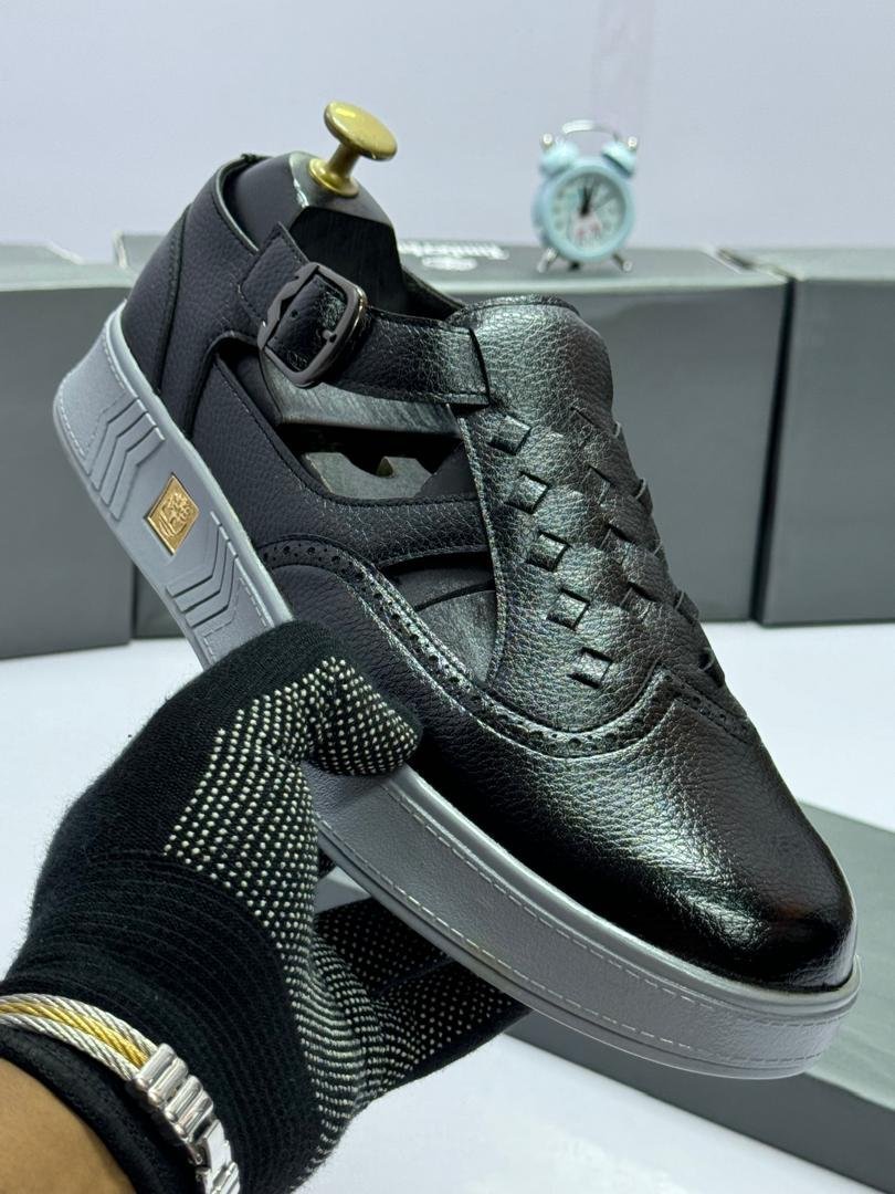 Black-Woven-Leather-Sandals-with-Buckle-Strap.jpg Black Woven Leather Sandals with Buckle Strap - Image 1