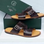 Brown Crocodile-Embossed Leather Slides