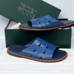 Fratelli Vanni Blue Crocodile-Embossed Leather Slide Sandals