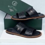 GB Butteri Black Ostrich-Embossed Slide Sandals