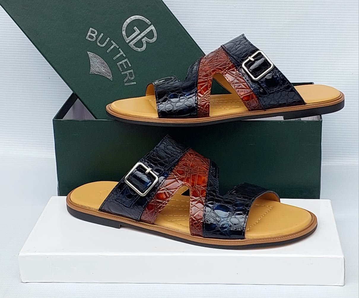 GB-Butteri-Brown-Black-Crocodile-Embossed-Leather-Sandals.jpg GB Butteri Brown & Black Crocodile-Embossed Leather Sandals - Image 1