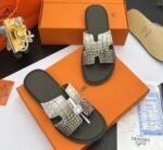 Hermès Izmir Blue & White Crocodile-Embossed Sandals - Image 2