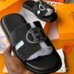 Hermès Paris Black Rhinestone “H” Strap Men’s Slippers