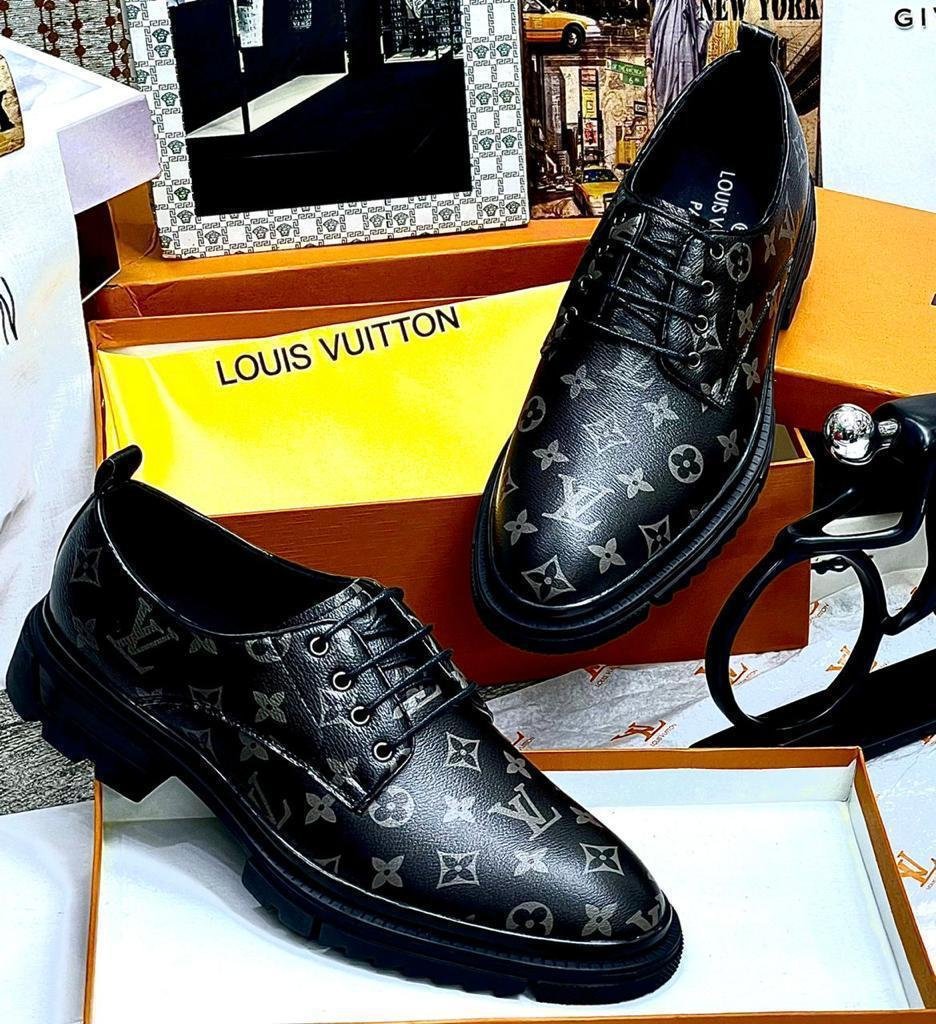 Mens-Black-Leather-Monogram-Derby-Shoes.jpg Mens Black Leather Monogram Derby Shoes - Image 1