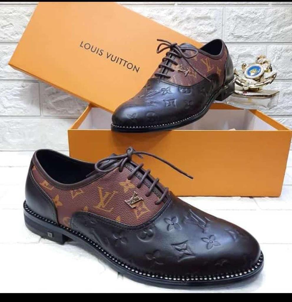 Mens-Brown-Monogram-Leather-Oxford-Shoes.jpg Mens Brown Monogram Leather Oxford Shoes - Image 1