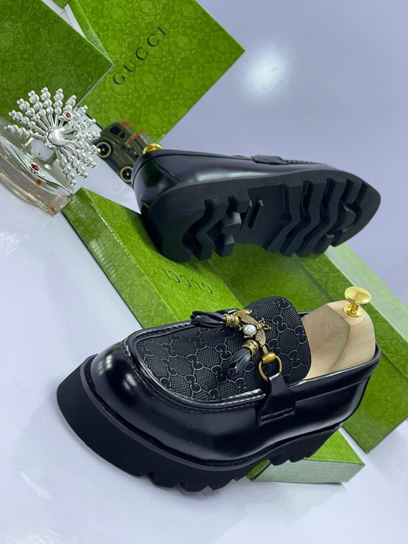 Mens-Monogram-Leather-Chunky-Sole-Loafers-with-Gold-Bee-Accent.jpg Men's Monogram Leather Chunky Sole Loafers with Gold Bee Accent - Image 1