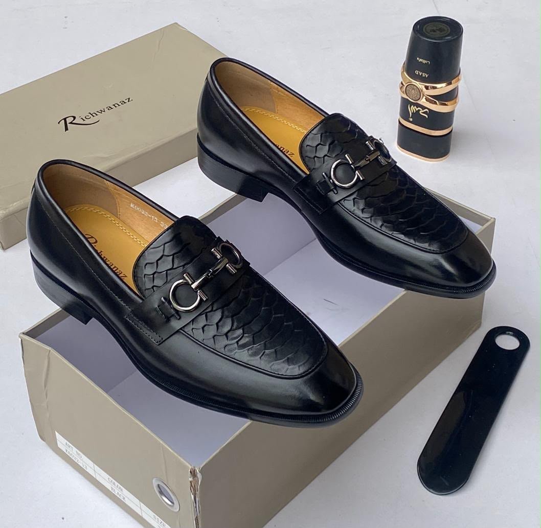Richwanaz-Black-Crocodile-Embossed-Leather-Loafers.jpg Richwanaz Black Crocodile Embossed Leather Loafers - Image 1