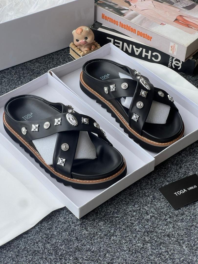 Toga-Virilis-Black-Embellished-Leather-Slides.jpg Toga Virilis Black Embellished Leather Slides - Image 1