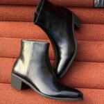 Black Leather Pointed Toe Heeled Ankle Boots