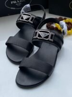 Prada Black Perforated Leather Slide Sandals - Image 2