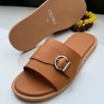 Pedro Tan Slide Sandals with Silver Buckle
