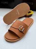 Pedro Tan Slide Sandals with Silver Buckle