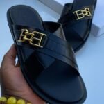 Black Crocodile Embossed Leather BB Logo Slip On Sandals