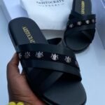 Aristocrats Luxury Black Leather Cross Strap Slides
