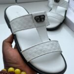 White Leather Embossed Geometric BB Logo Palm Sandals