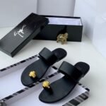 Black Mens Embossed Monogram Chain Slide Sandals