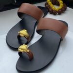Black and Brown Leather Slide Sandals with Gold Crocodile Toe Ring