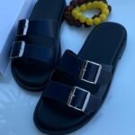 Black Double Strap Slide Sandals with Silver Buckles