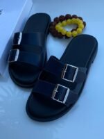 Black Double Strap Slide Sandals with Silver Buckles