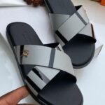 Grey and Black Equestrian Knight Cross Strap Slide Sandals