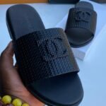 Black Woven Slide Sandals with CC Logo