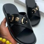 Black Textured Leather Medusa Criss Cross Slide Sandals