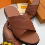 Brown Leather Criss Cross Monogram Slide Sandals