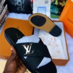 Black Leather Criss Cross LV Logo Slide Sandals