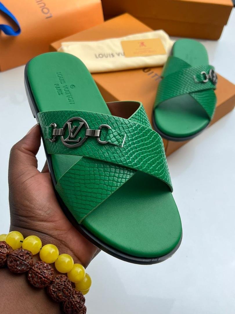 WhatsApp-Image-2026-09-03-at-01.49.47-2.jpeg Louis Vuitton Green Textured Leather Crisscross Slide Sandals - Image 1
