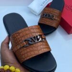 Brown Crocodile Embossed Leather V Logo Slide Sandals