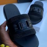 Louis Vuitton Black Rhinestone Embellished Logo Slide Sandals